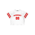 White t-shirt with red lettering and stripes on a white background