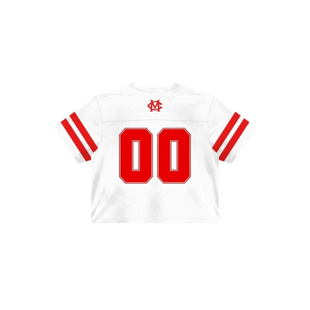 White sports jersey with red accents on a white background
