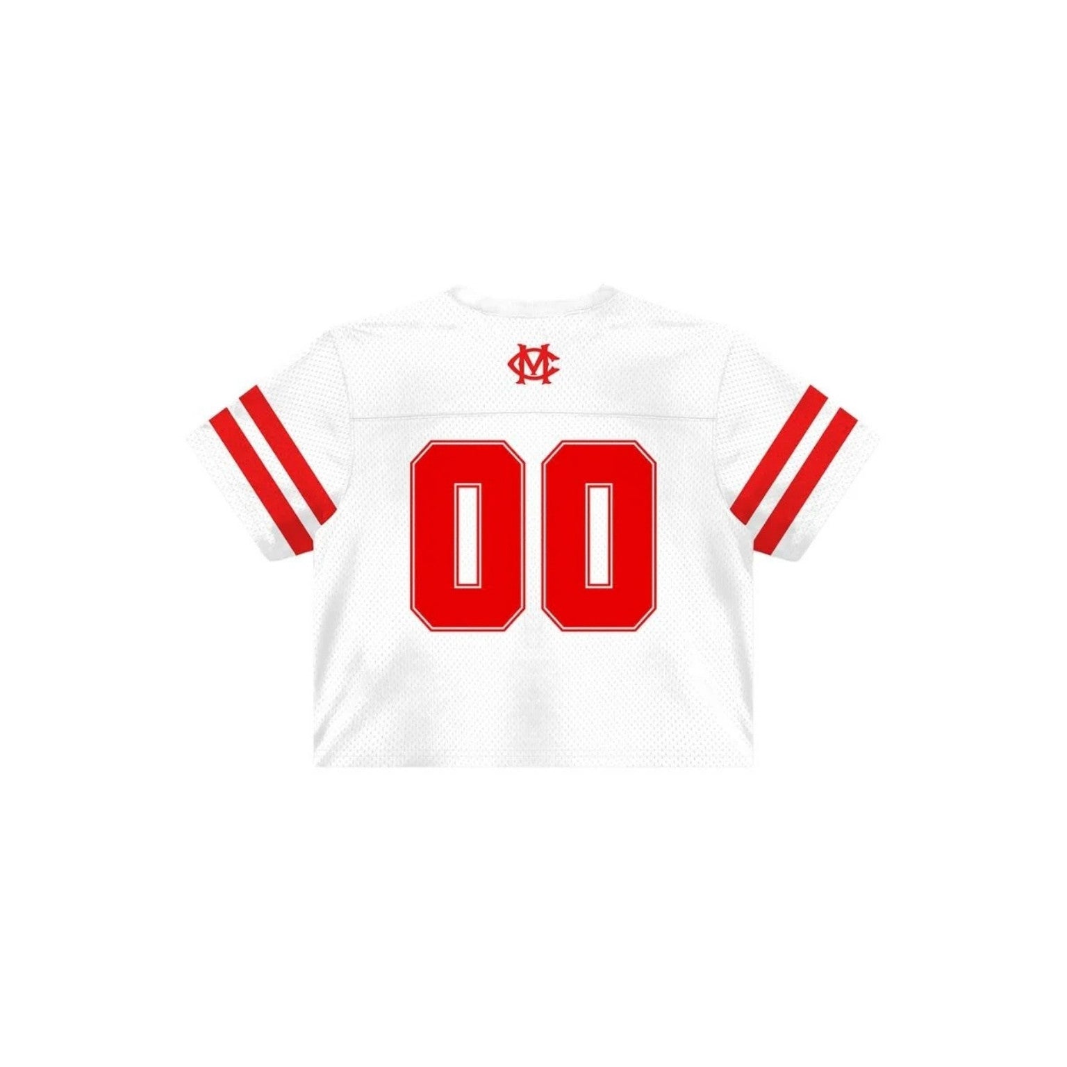 White sports jersey with red accents on a white background
