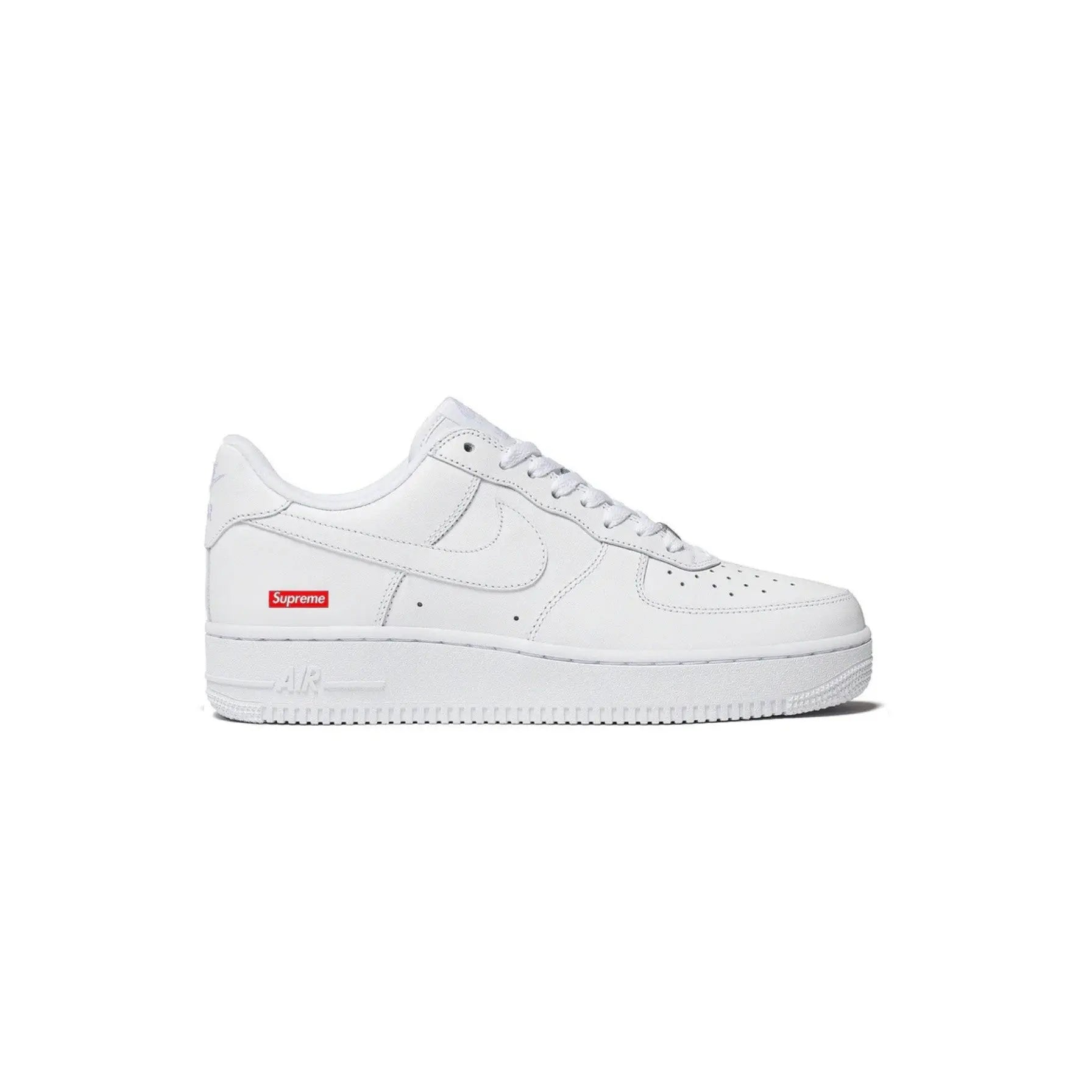 White sneaker with a red and blue label on a white background