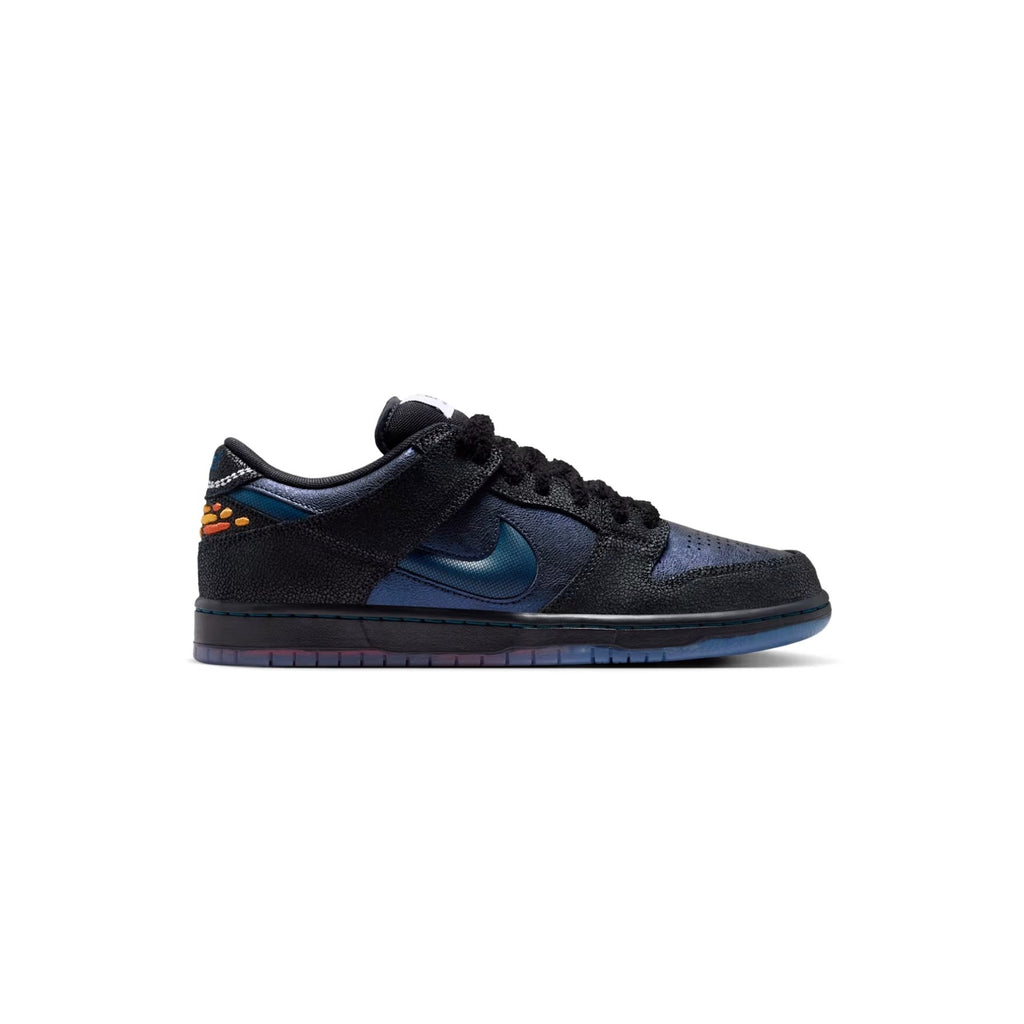 Black sneaker with blue swoosh logo on a white background