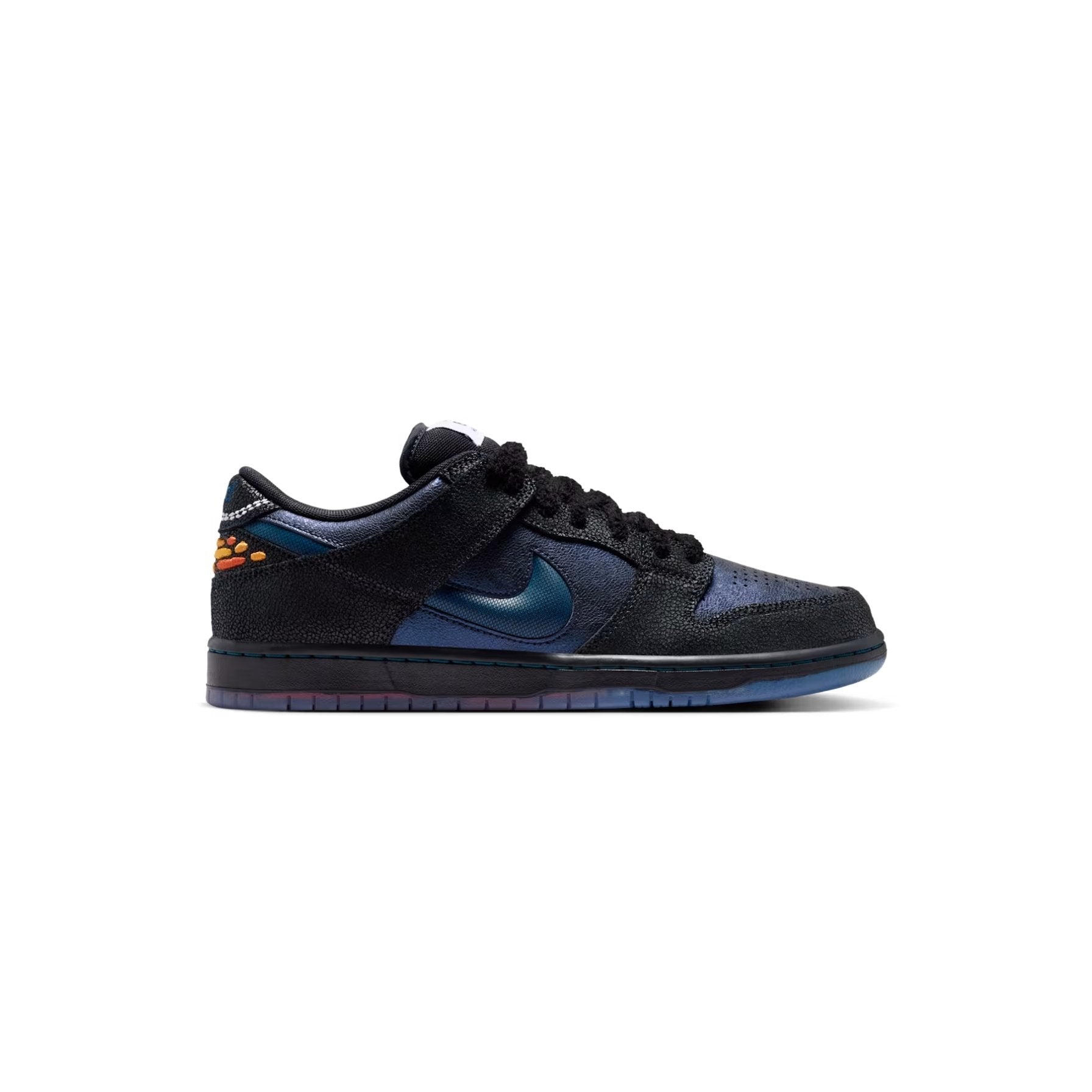 Black sneaker with blue swoosh logo on a white background