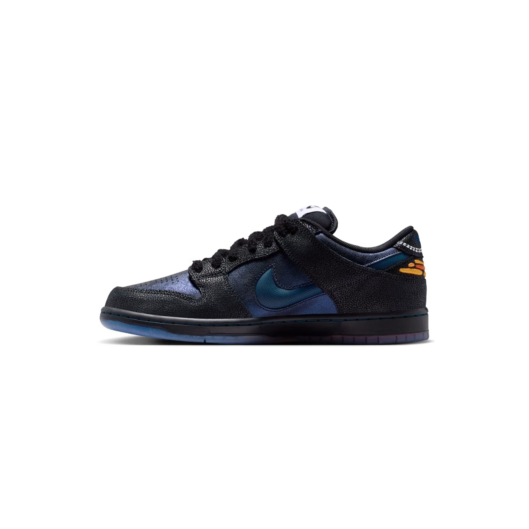 Black and blue sneaker with a colorful sole on a white background