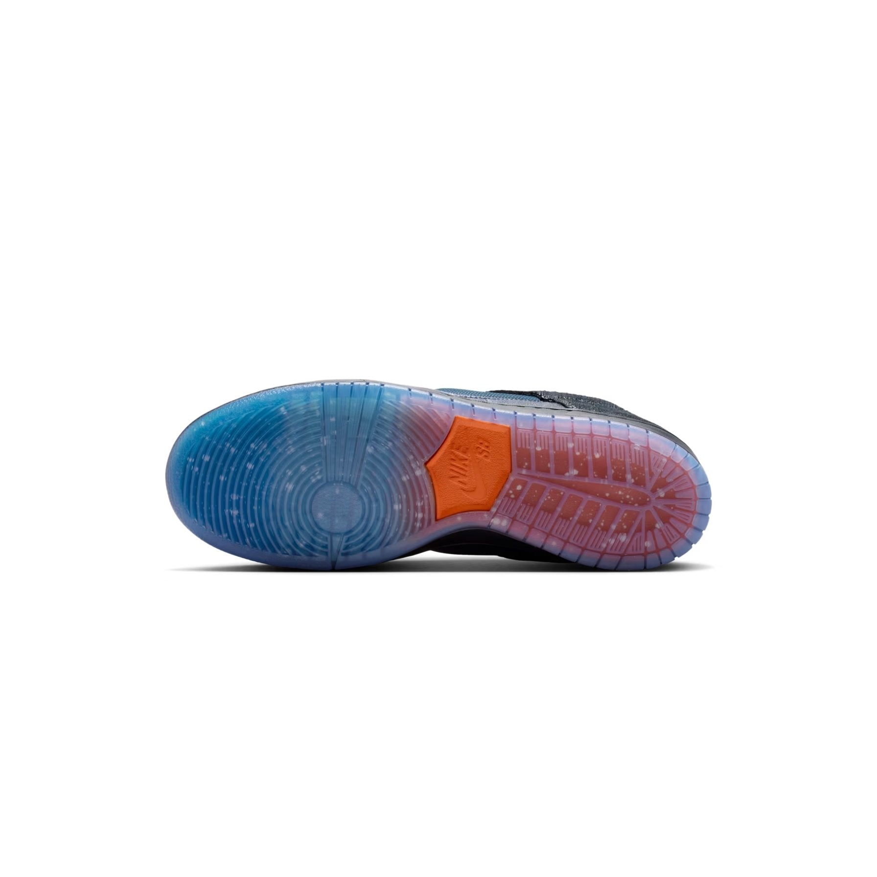 Close-up of a shoe sole with a blue and orange design on a white background