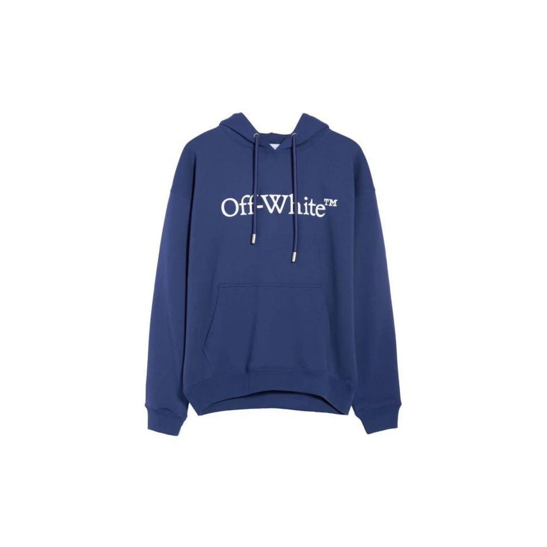 Blue hoodie with 'Off-White' logo on a white background