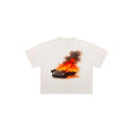 White t-shirt with a graphic of a car on fire and smoke on a white background