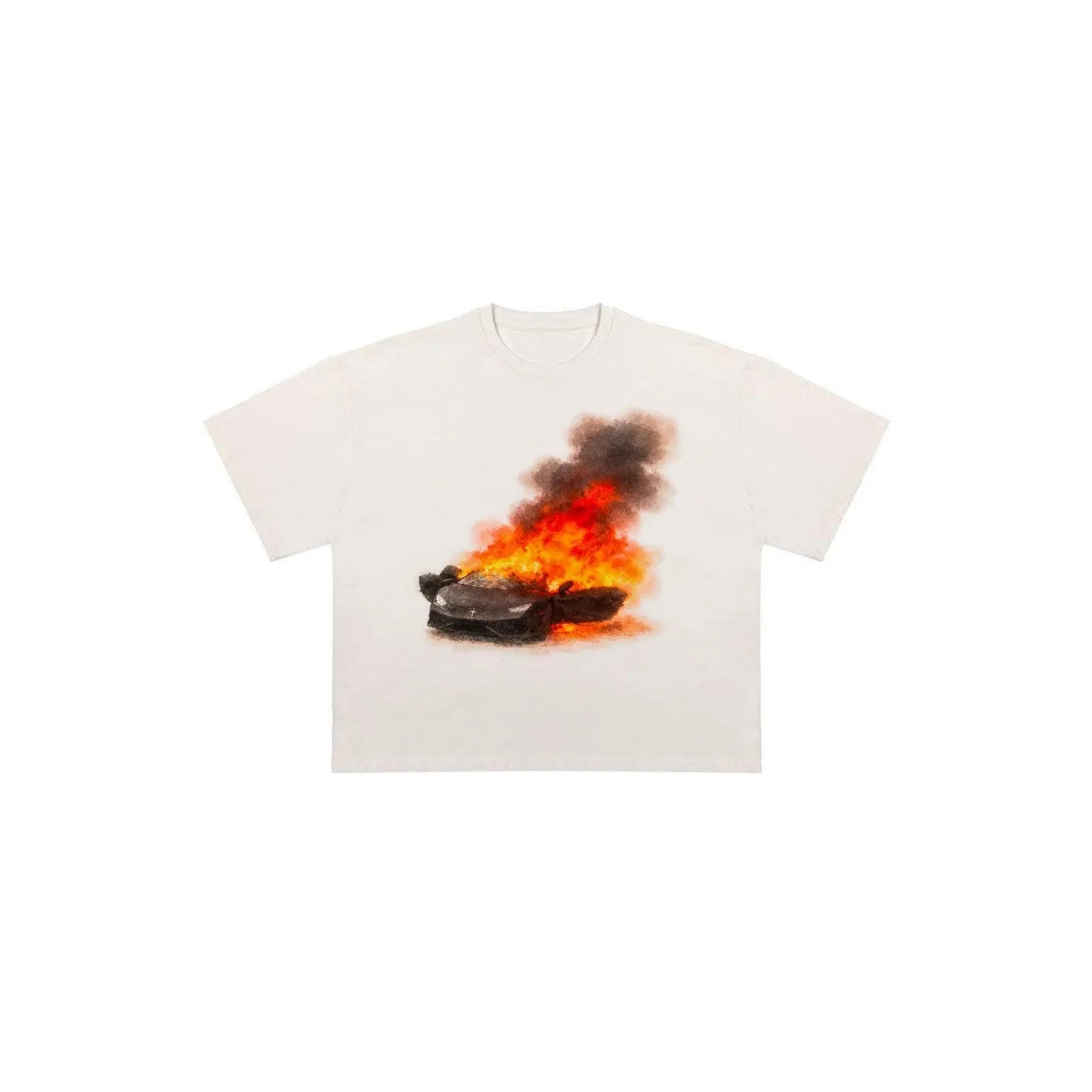 White t-shirt with a graphic of a car on fire and smoke on a white background