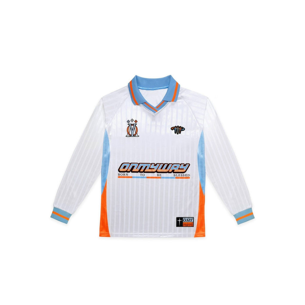 White long-sleeve shirt with blue and orange accents on a white background
