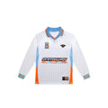 White long-sleeve shirt with blue and orange accents on a white background