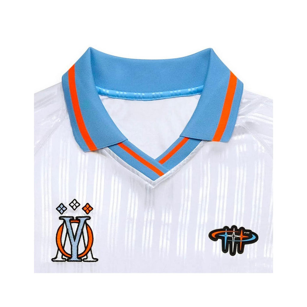 White shirt with blue collar and orange accents featuring logos on a white background