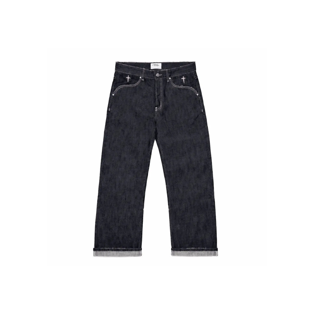 Dark blue jeans on a white background