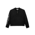 Black long-sleeve shirt with white text on sleeve against a white background