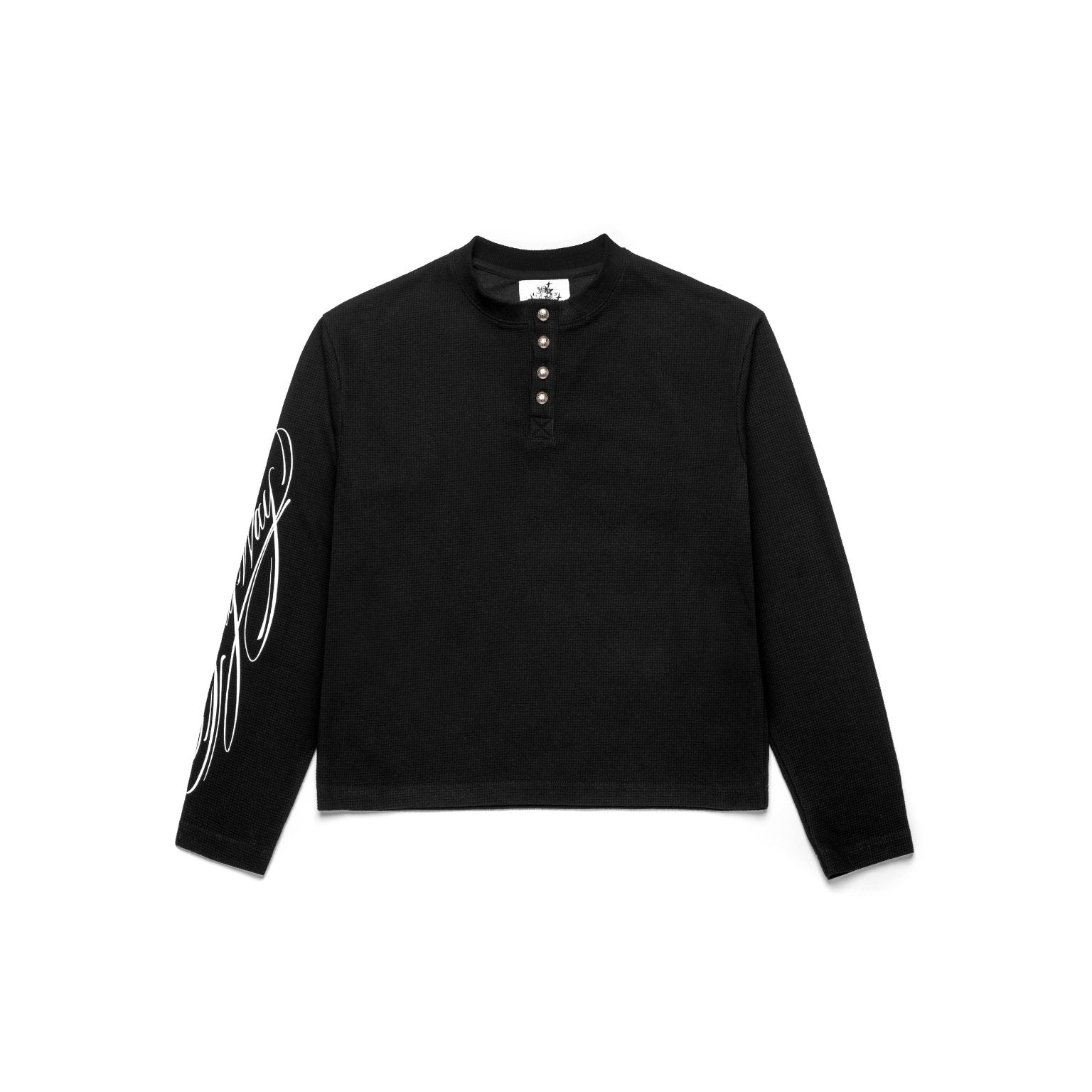 Black long-sleeve shirt with white text on sleeve against a white background
