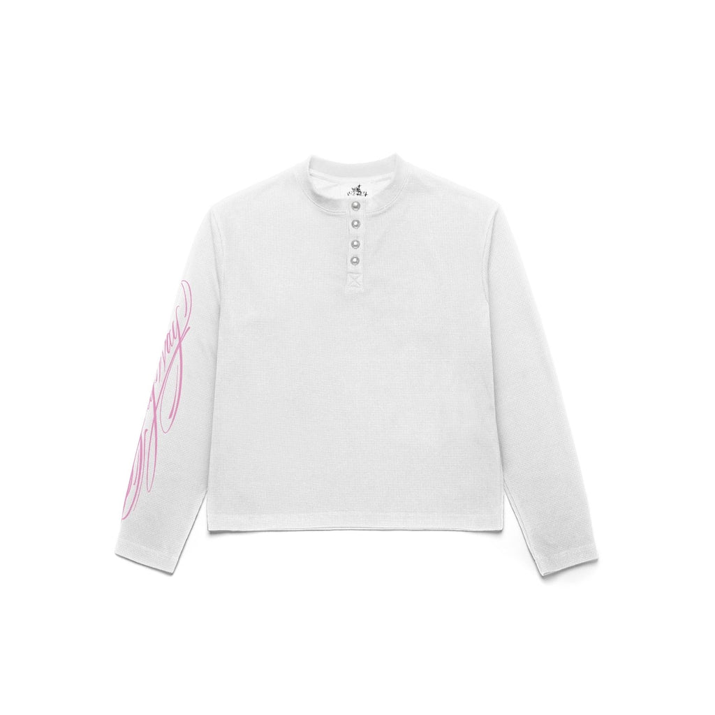 White long-sleeve shirt with pink text on a white background