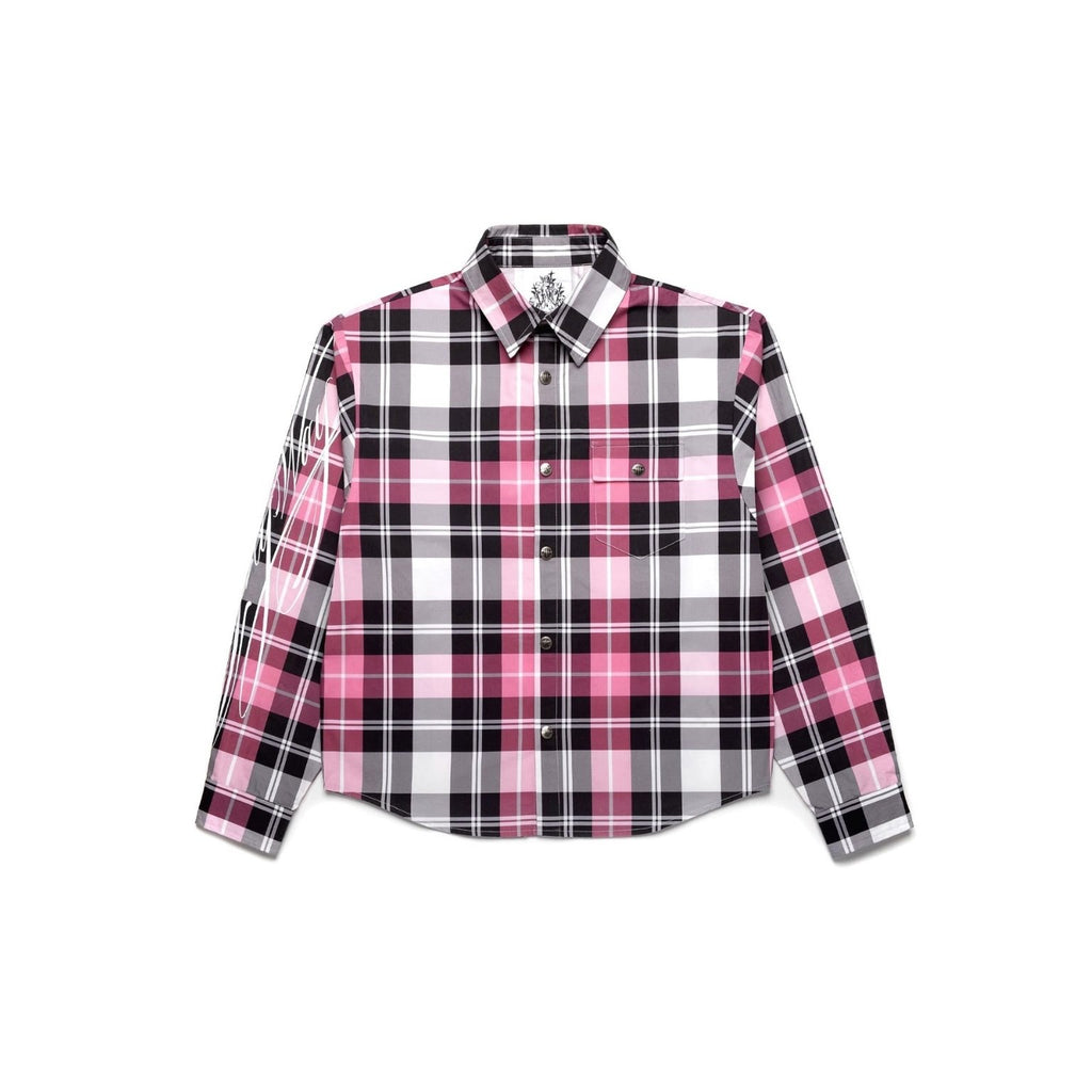 Pink and black plaid shirt on a white background
