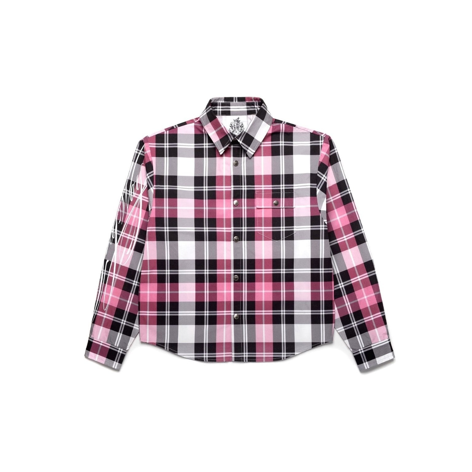 Pink and black plaid shirt on a white background