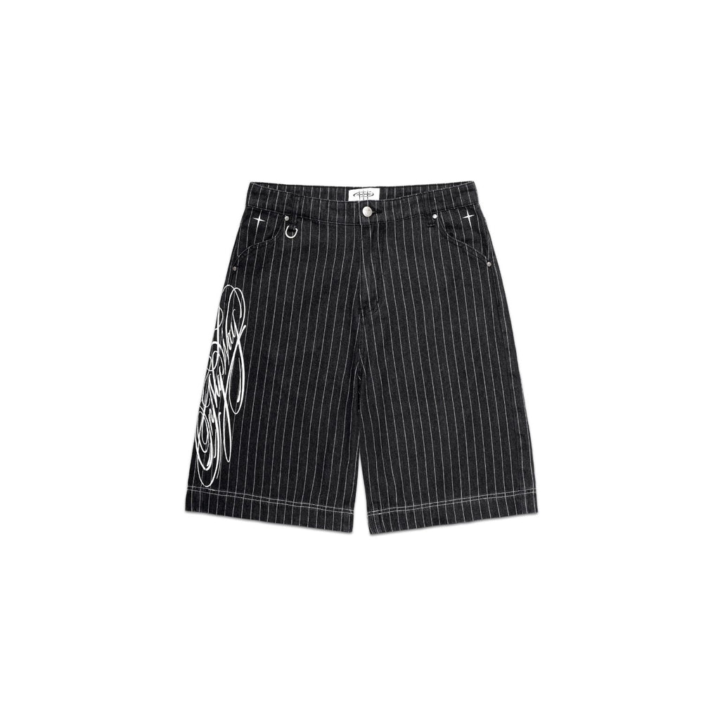 Black pinstripe shorts with white embroidery on a white background