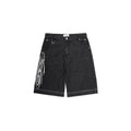 Black pinstripe shorts with white embroidery on a white background