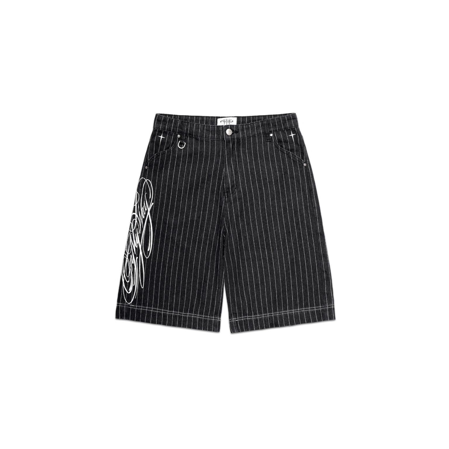 Black pinstripe shorts with white embroidery on a white background