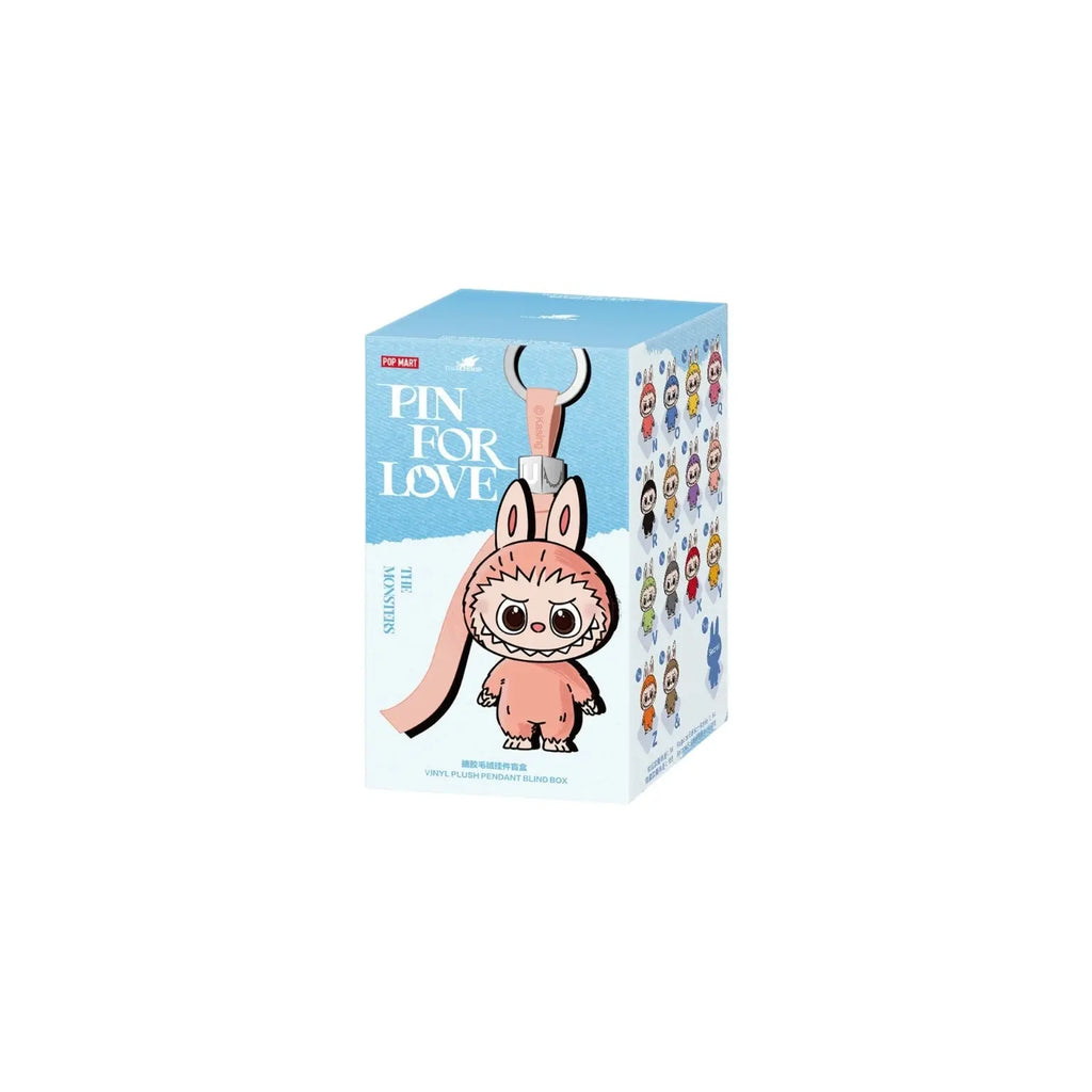 A collectible blind box for a 'Pin for Love' keychain charm, featuring a cute pink bunny character on a light blue box with character illustrations on the side.
