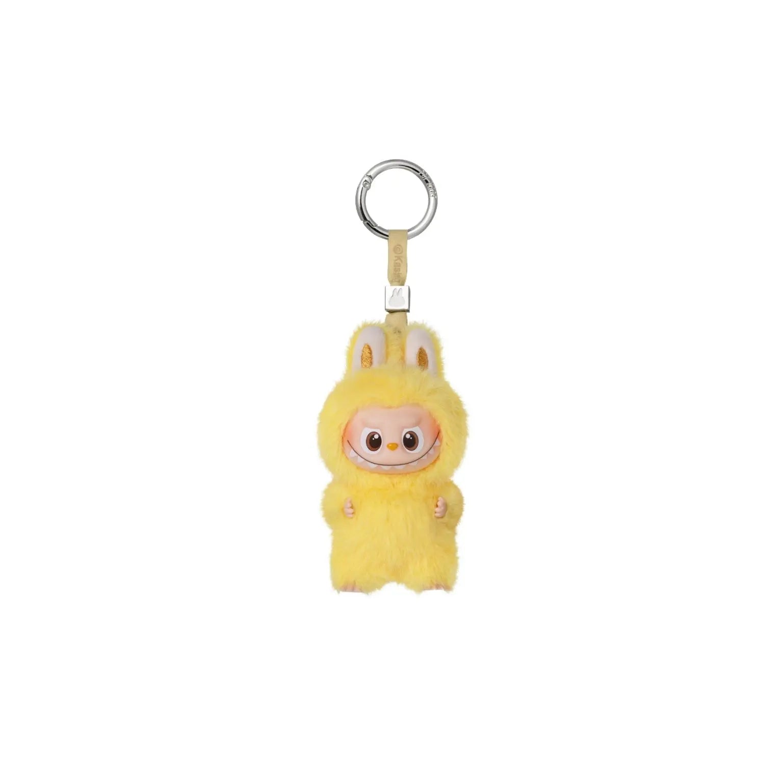 A yellow plush character keychain with bunny ears, a cute pink face, and a silver metal key ring, shown on a plain white background.