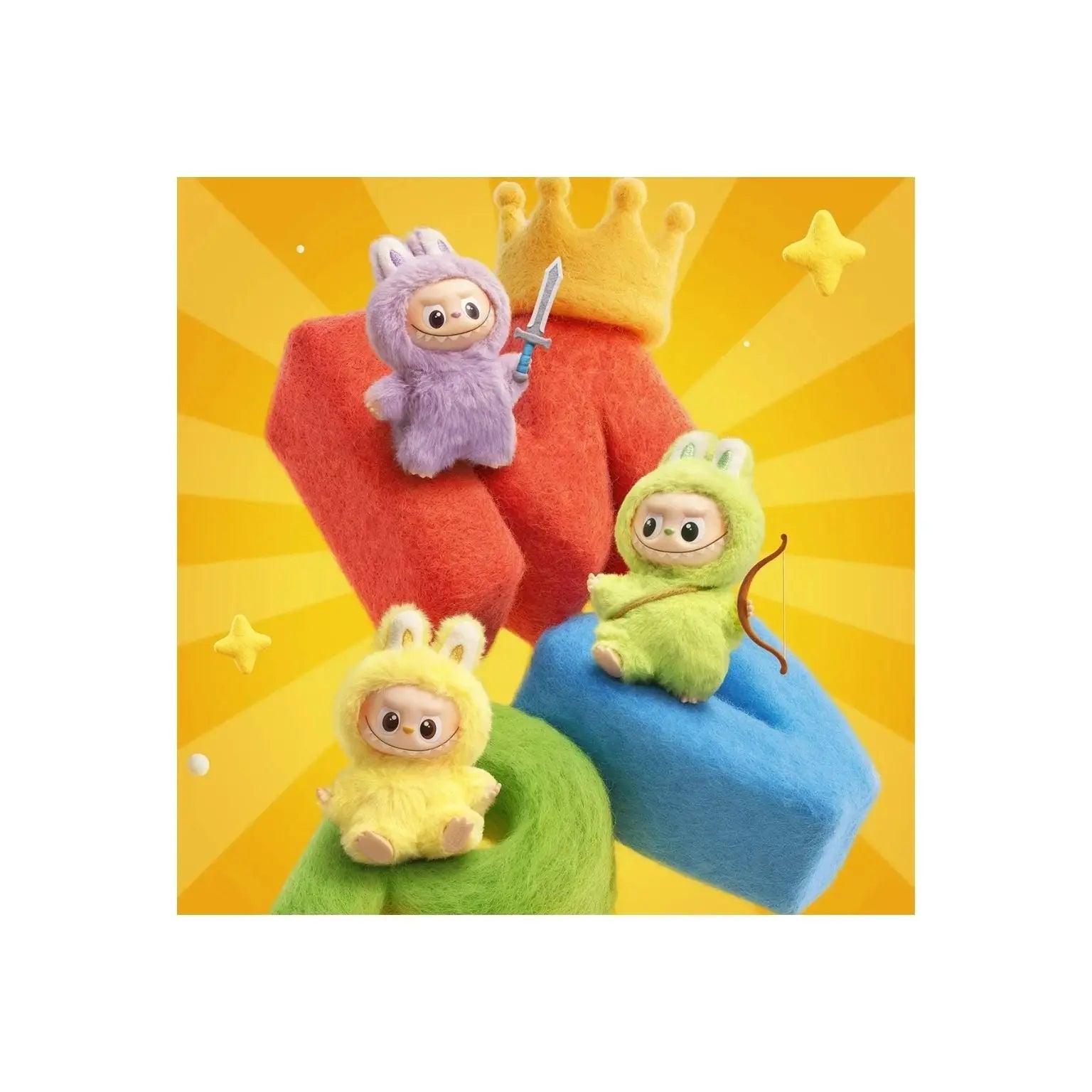 Four plush finger puppets with cute cartoon faces sit on colorful felt fingers. One puppet is purple with a sword, one is green with a bow, one is yellow, and one is lavender with a crown.