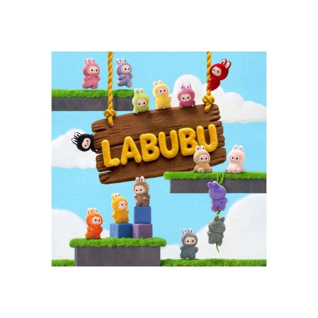 A square art print or card featuring a colorful cartoon scene with small rabbit-like characters on floating platforms and a wooden sign reading LABUBU, centered on a white background.