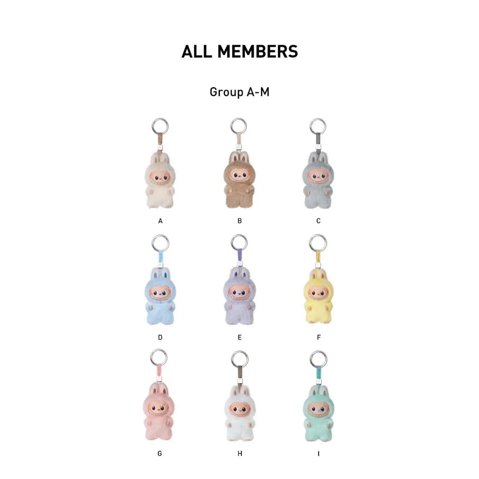 A product color options chart showing ten small bunny-shaped keychains labeled A through I, with the heading 'ALL MEMBERS' and 'Group A-M' on a white background.