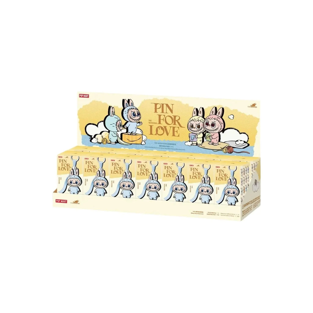 A display box of blind boxes featuring cartoon bunnies and the text 'PIN FOR LOVE' on a clean white background.