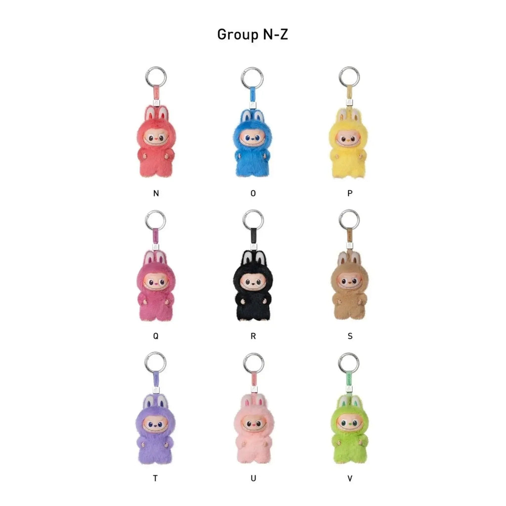A product color options chart showing nine small bunny-shaped keychains labeled N, O, P, Q, R, S, T, U, and V under the heading 'Group N-Z' on a white background.