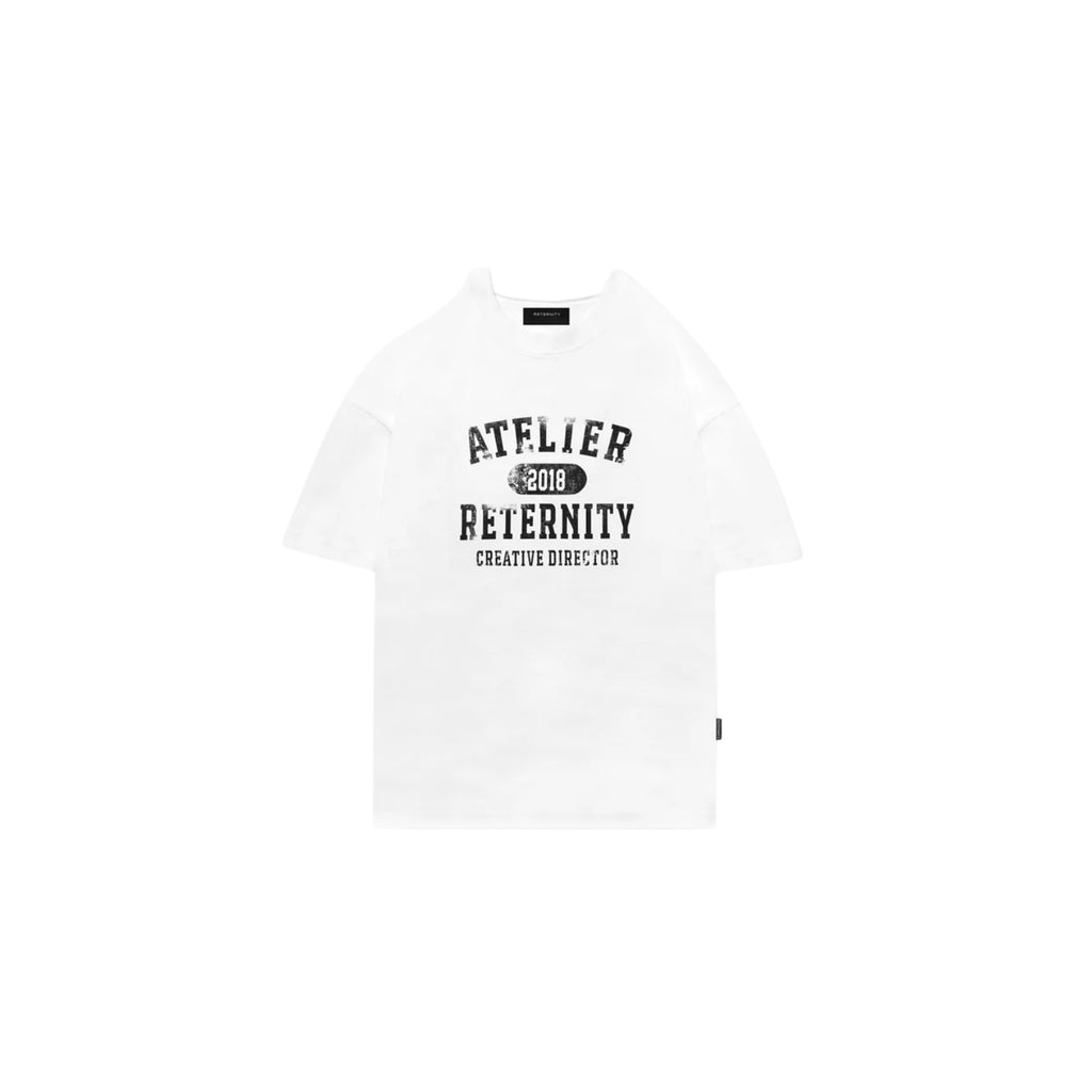 White t-shirt with black text on a white background