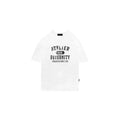 White t-shirt with black text on a white background