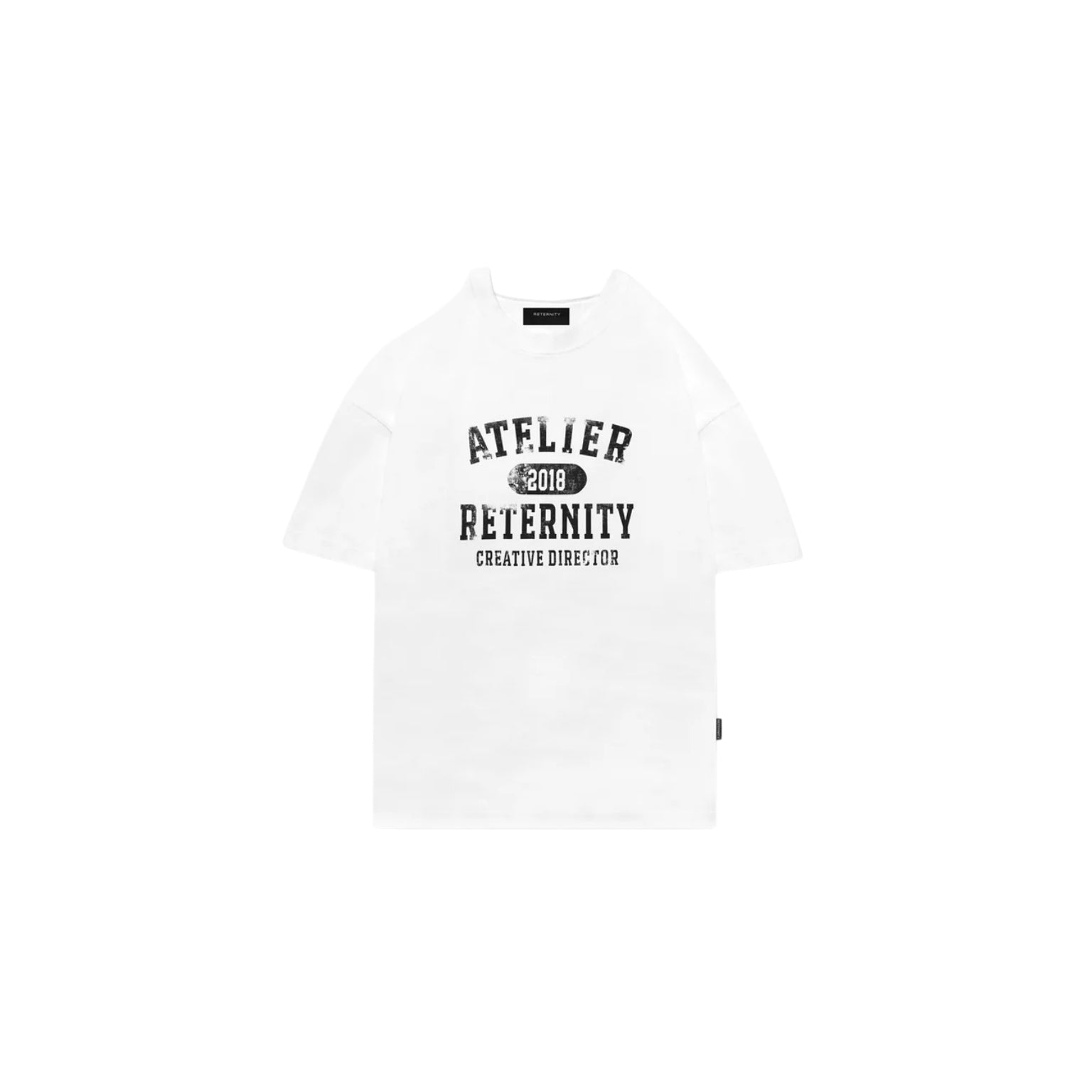 White t-shirt with black text on a white background