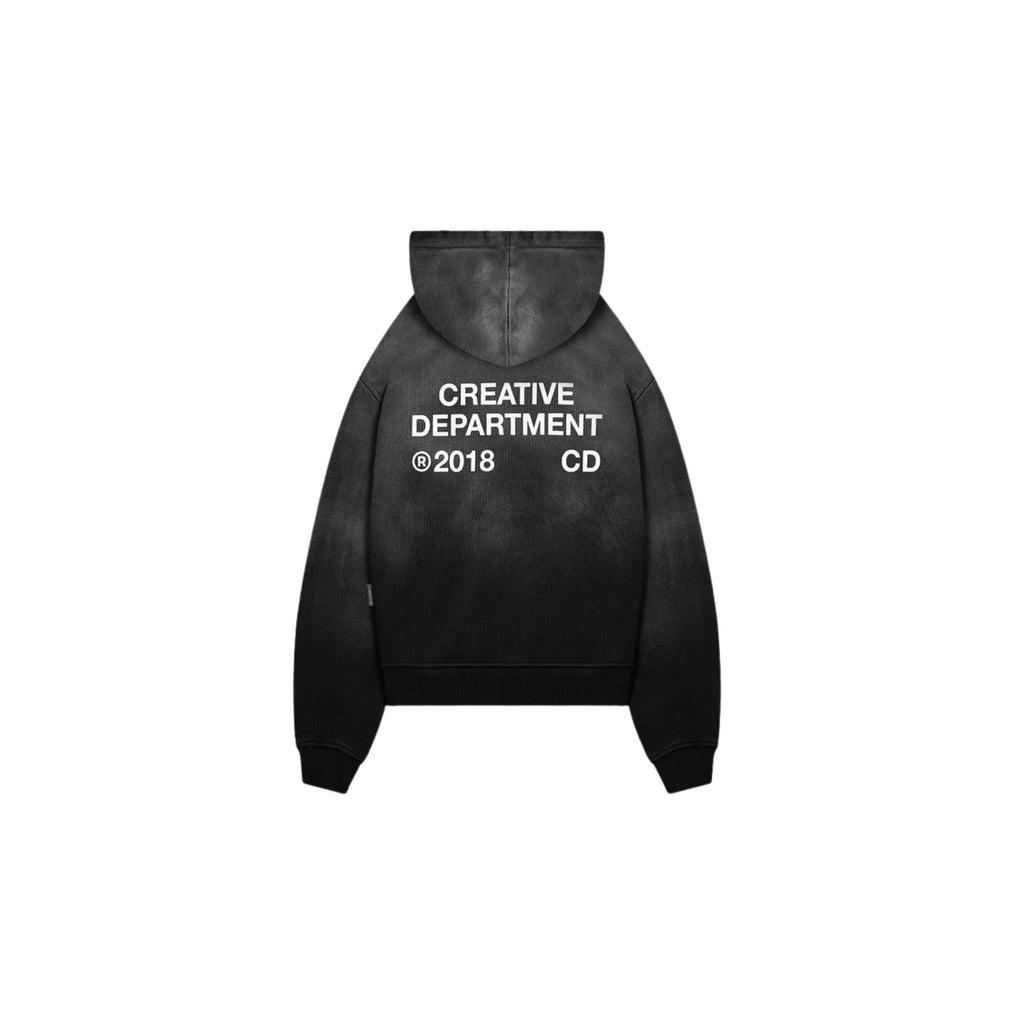 Black hoodie with 'Creative Department' text on the back against a white background