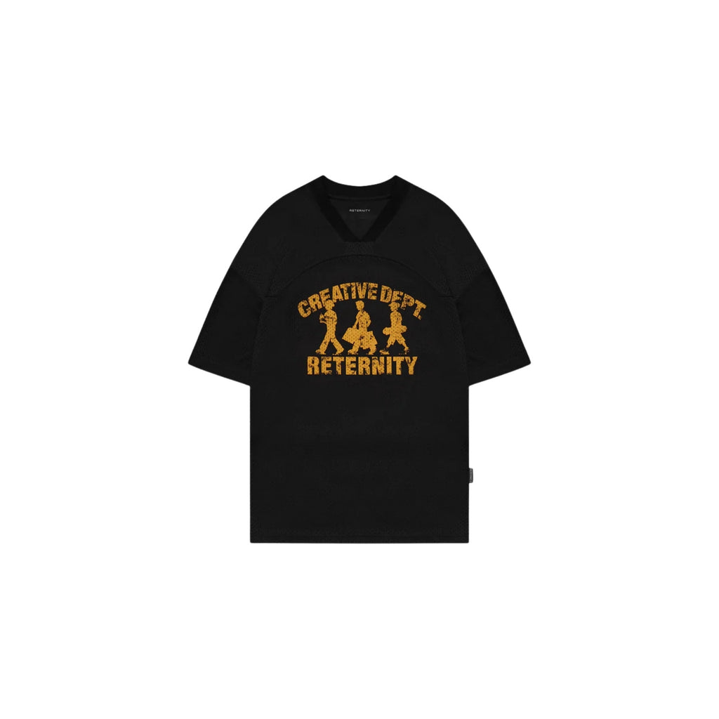 Black t-shirt with yellow graphic and text on a white background