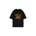 Black t-shirt with yellow graphic and text on a white background