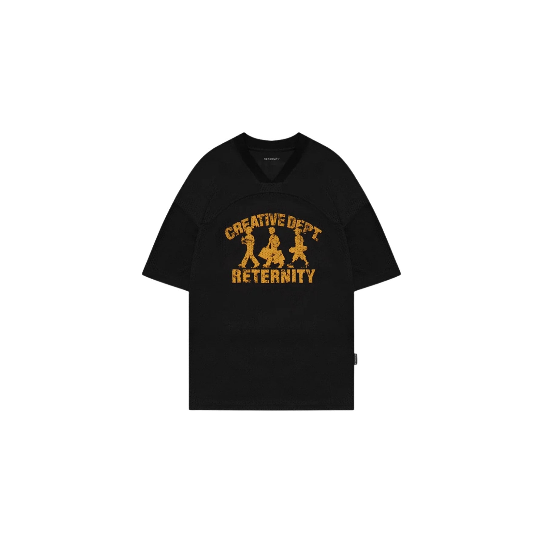 Black t-shirt with yellow graphic and text on a white background