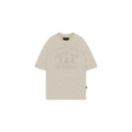 Beige t-shirt with graphic design on a white background