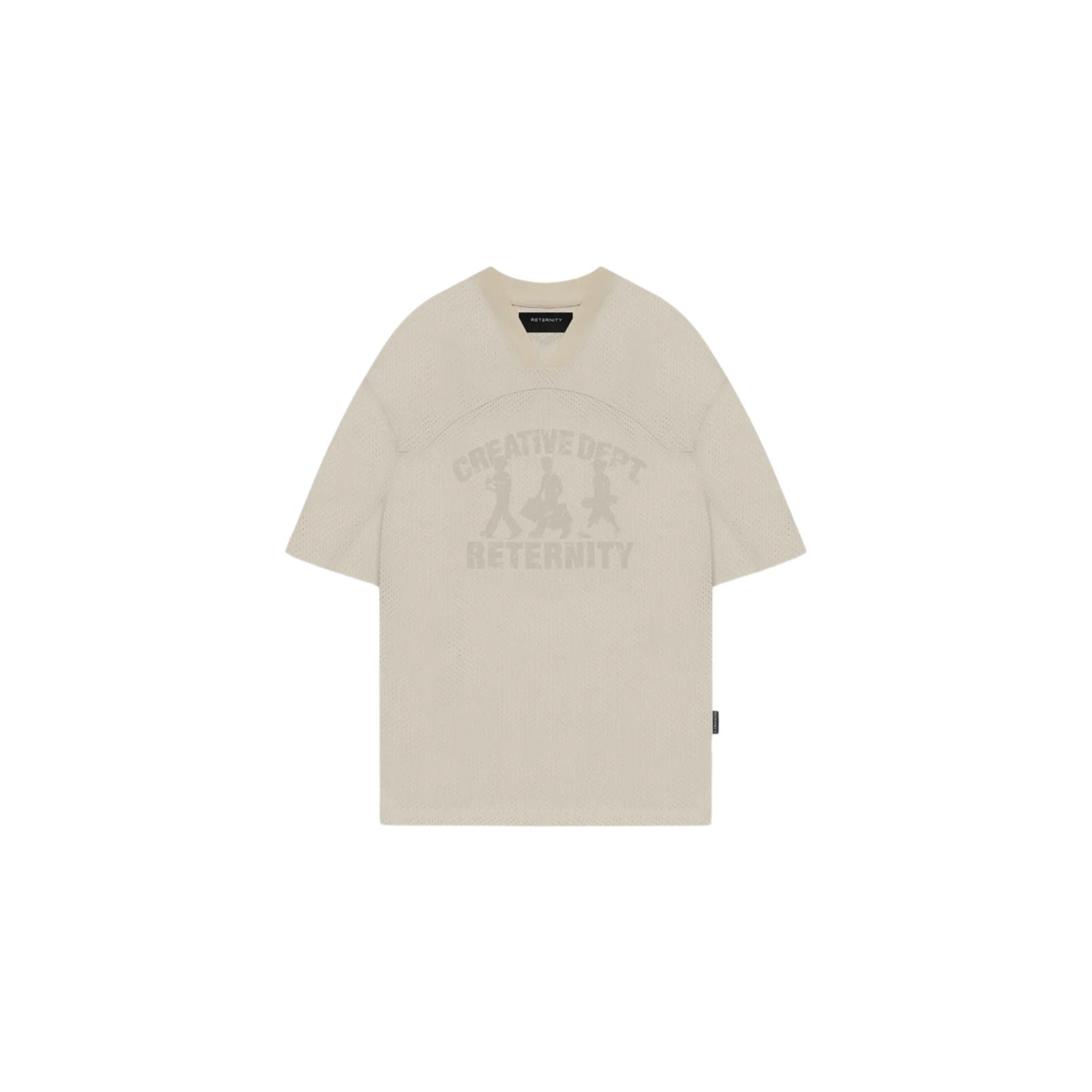 Beige t-shirt with graphic design on a white background
