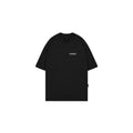 Black t-shirt with white text on a white background