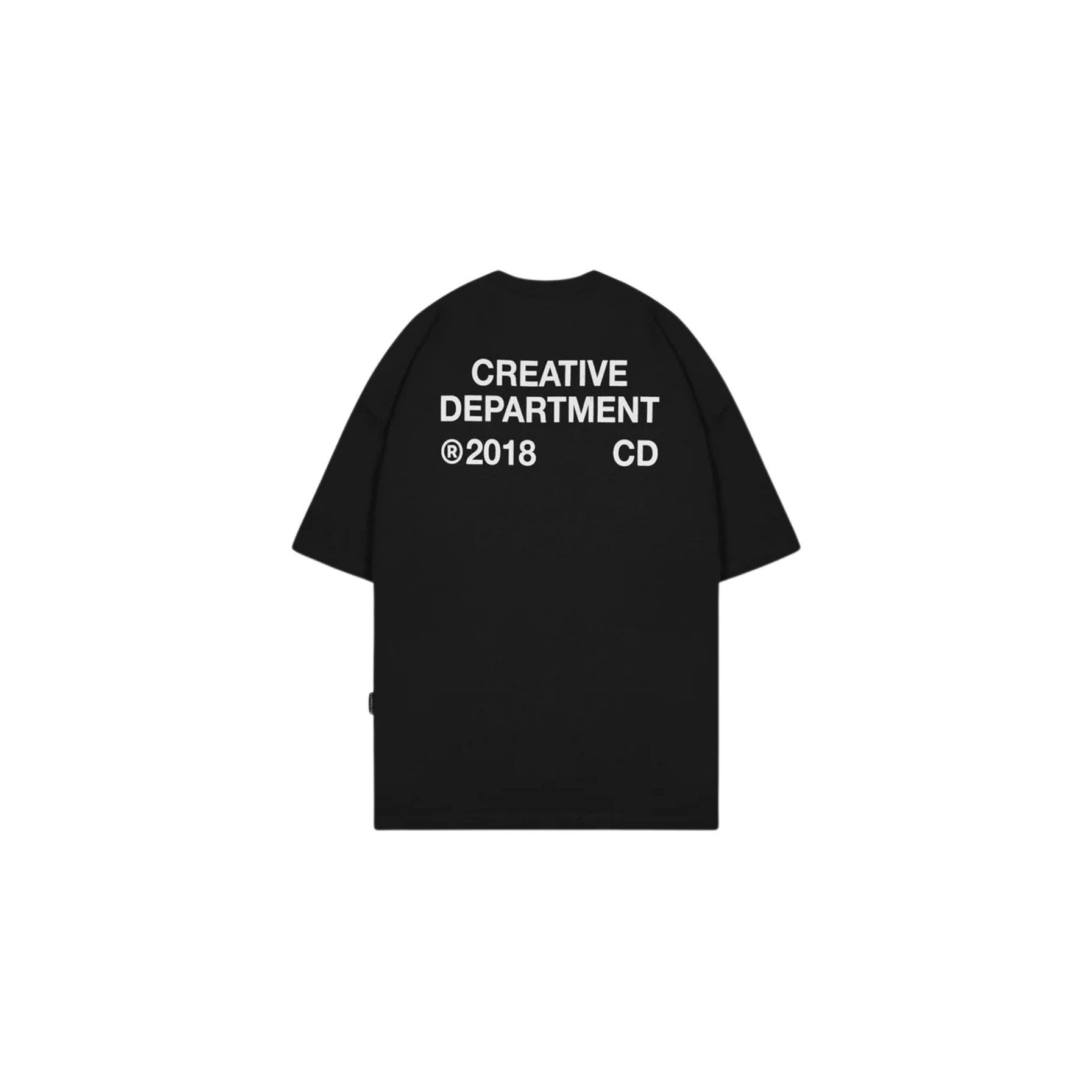 Black t-shirt with white text on a white background