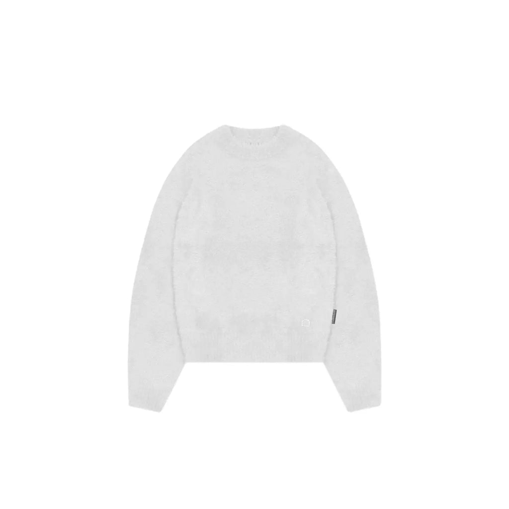 A light gray knit crewneck sweater with long sleeves, shown flat against a solid white background.