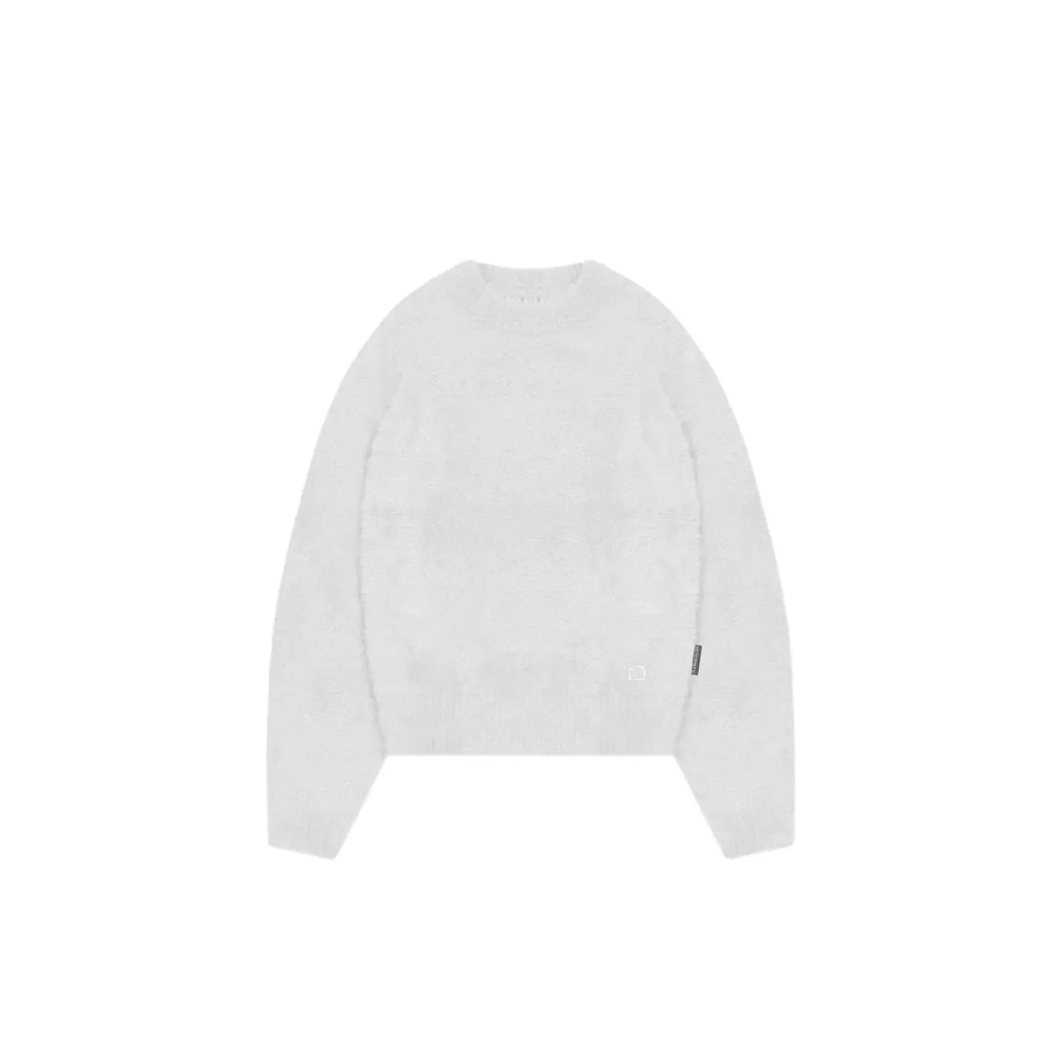 A light gray knit crewneck sweater with long sleeves, shown flat against a solid white background.