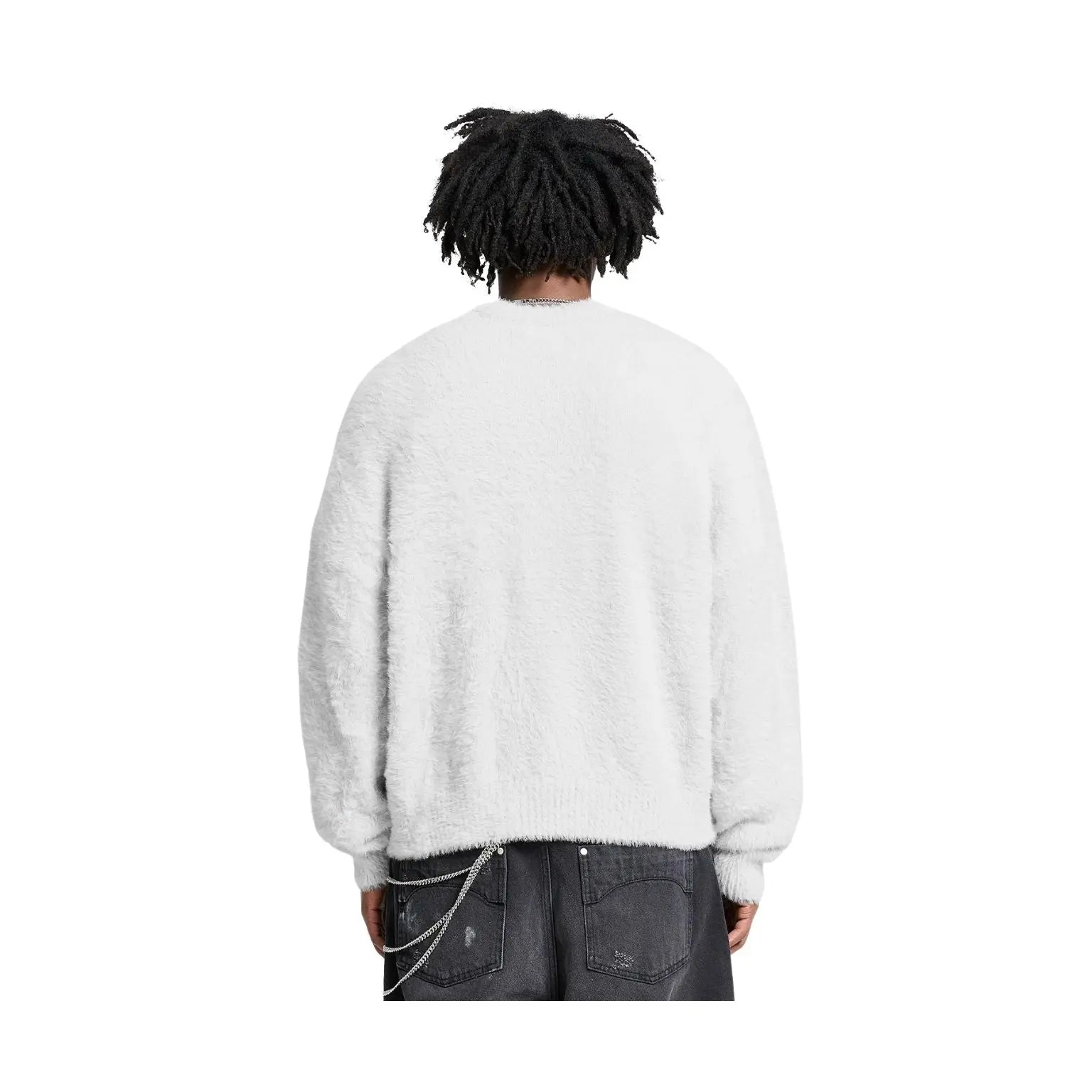 A person shown from the back wearing a fuzzy white long-sleeve sweater and dark gray jeans against a plain white background.
