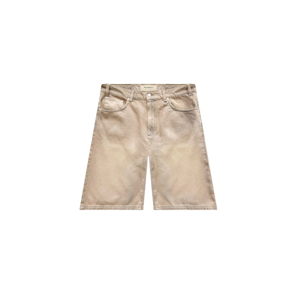 Beige denim shorts on a white background