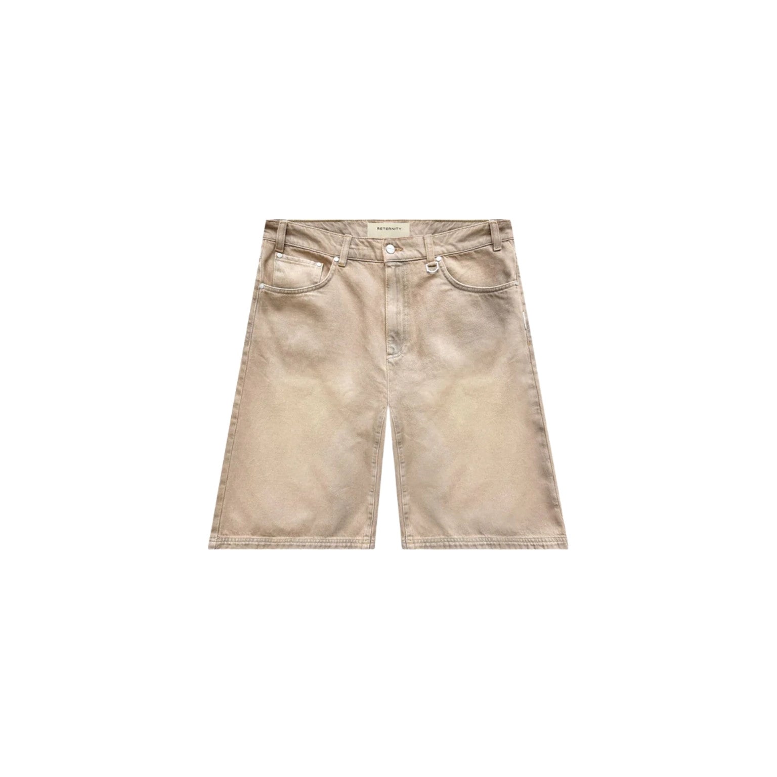 Beige denim shorts on a white background