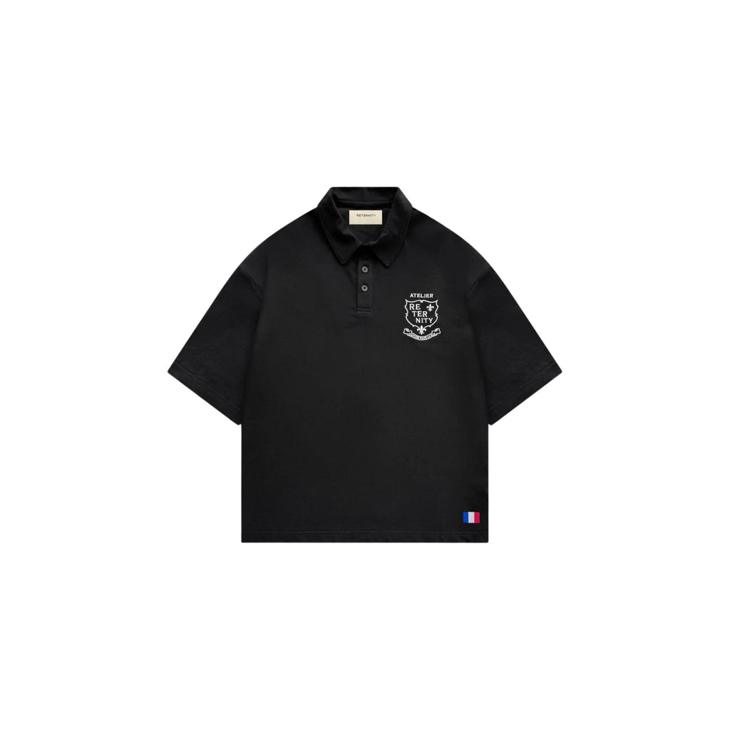 Black polo shirt with a logo on a white background