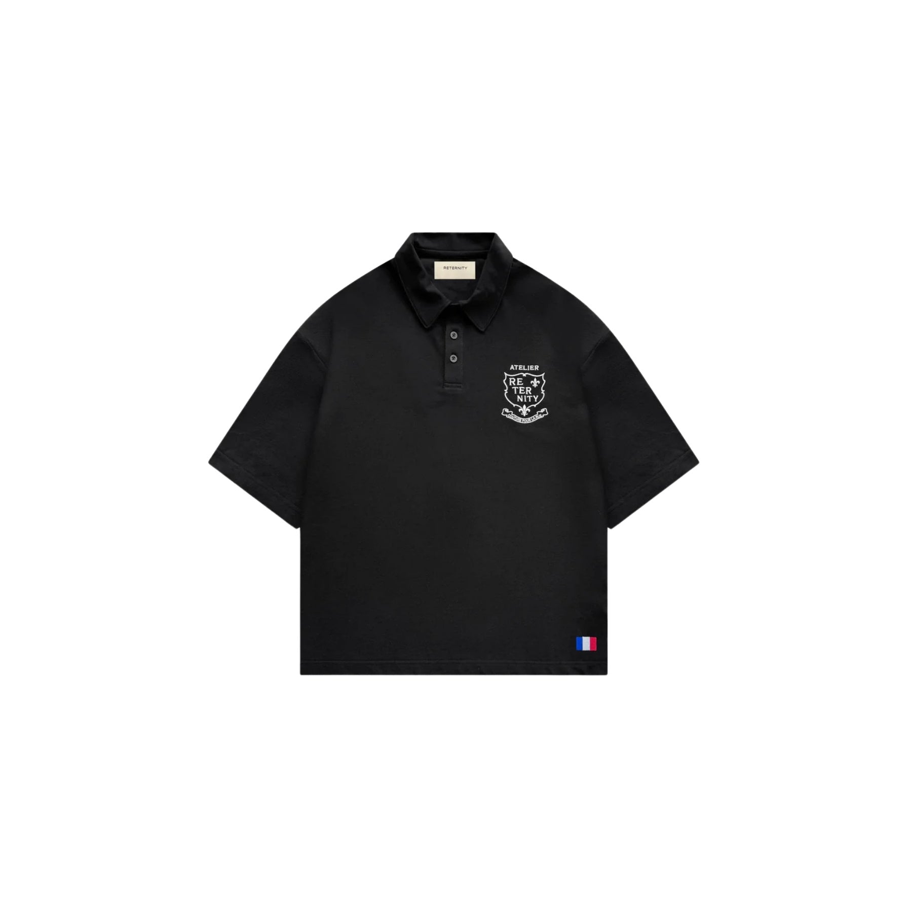 Black polo shirt with a logo on a white background