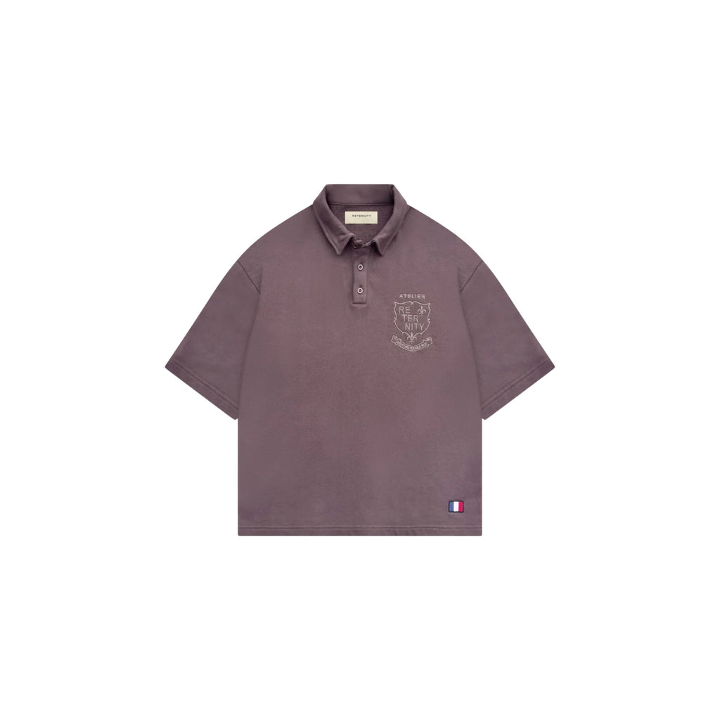 Purple polo shirt with a logo on a white background
