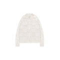 An off-white knit zip-up jacket with a unique grid-like patchwork texture, displayed flat against a solid white background.